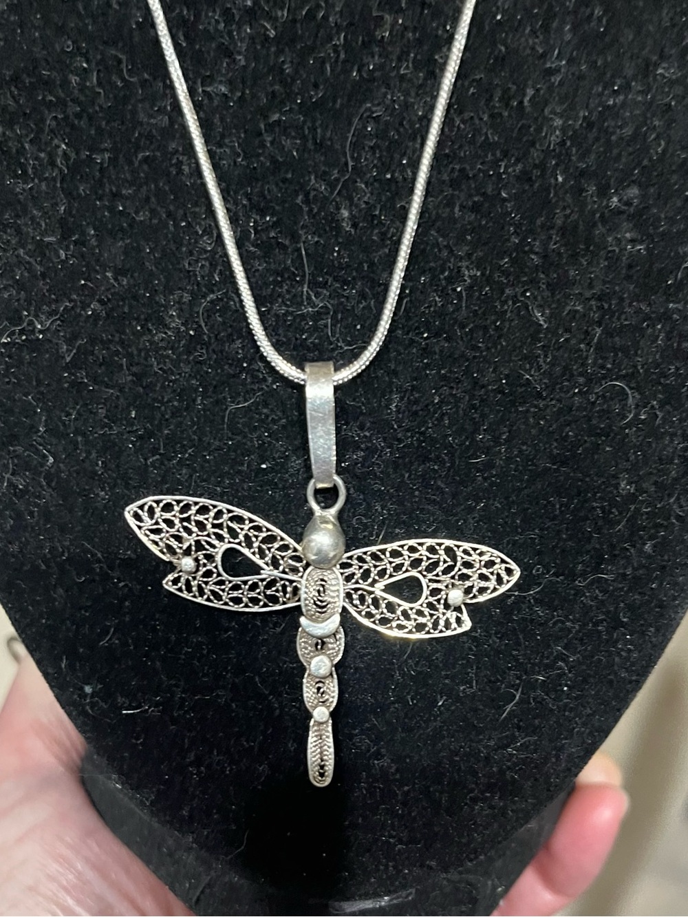 Vintage Sterling Silver Dragonfly Necklace 925 Filigree 18”